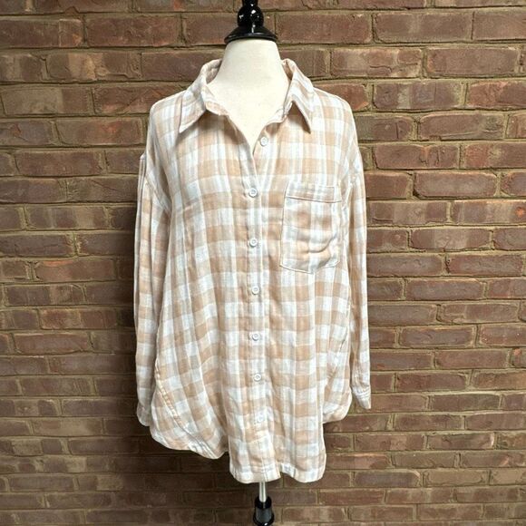 Wishlist Womens Tan/Cream Gingham Check Button Up Pleated Sleeve Top Size M NEW - Picture 2 of 7